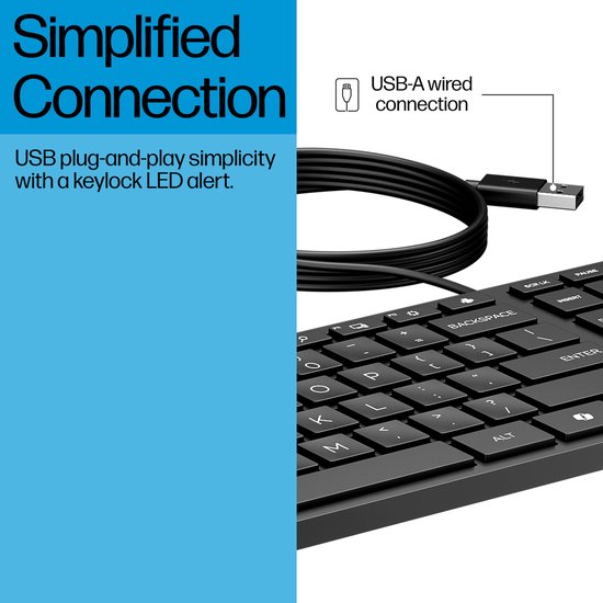 Zwart HP toetsenbord met USB-A kabel en LED-indicator.