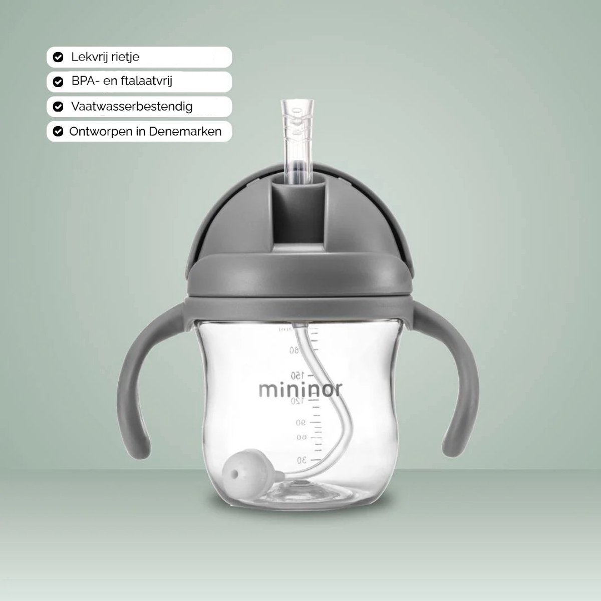 Mininor no-spill rietjesbeker - grey seal - 220 ml - anti-lek - variabele flow