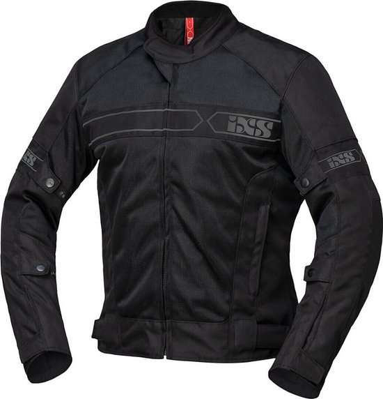 Zwarte iXS motorjas met mesh, reflecterende strepen en logo's.