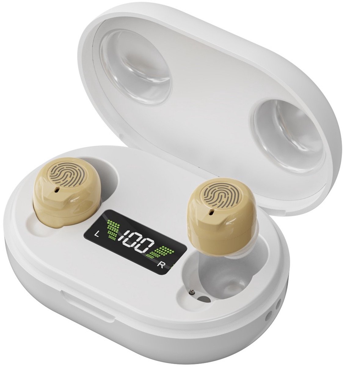 Medj- Beige - Gehoorapparaat -Magnetisch- Opberg box - Oplaadbaar in box 2x Mini Intelligent digitaal Gehoorapparaat - 5 Volume standen - Geluid Reductie - Universeel