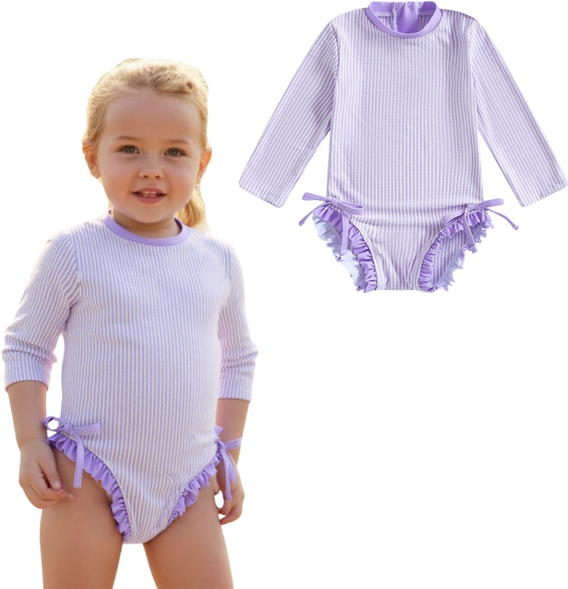 Joya Kids® Badpak Lange Mouw Licht Paars met Streepjes en Roze Ruches Meisjes | Zwempak met ruches UV Badpak Lila | Zwempak Lange Mouw UV Bescherming Streep | Meisje Bikini Zomer | Kinderbadpak Peuter | Maat 12-18 Maanden