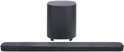 Zwarte soundbar met afneembare zijkanten en een zwarte subwoofer.