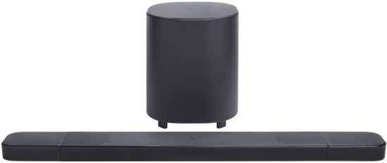 Zwarte soundbar met afneembare zijkanten en een zwarte subwoofer.
