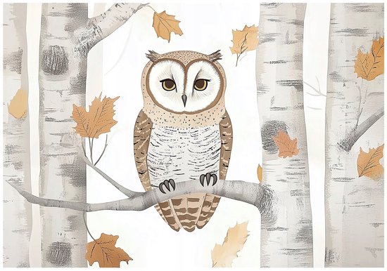 WALLARENA - Fotobehang - 200x140 cm - praktische uil op een boom in het bos voor de kinderkamer