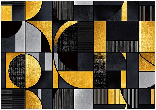 Abstract geometrisch design met gouden, zwarte en grijze texturen.