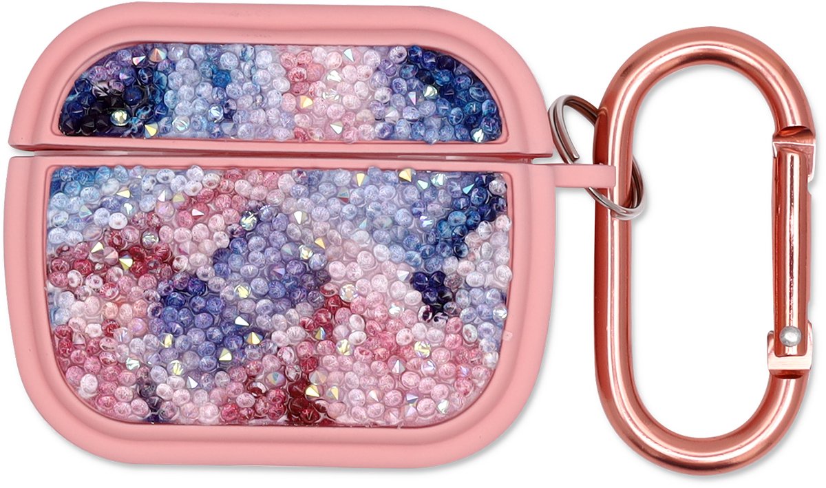 Casemania Hoesje Geschikt voor Apple AirPods 3 - Roze - Diamant Marmer Glitter Cover met Ring en Sleutelhanger