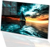 Zeilboot op reflecterend water - Zeilen glas schilderijen - Muurdecoratie zeilboot - Surrealisme - Acrylglas schilderij - Wanddecoratie modern - Glasschilderij 120x80 cm