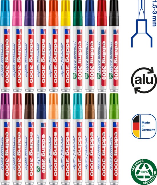 edding 3000 permanent marker set alle 20 kleuren in bewaardoos - 20 stiften - ronde punt 1,5-3 mm - water en wrijfvast - voor karton, kunststof, hout, metaal, etc. - alcohol markers voor volwassenen