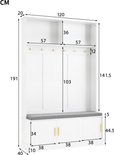 Witte kapstok met schoenenbank, 6 gouden haken, afmetingen 120x40x191cm.