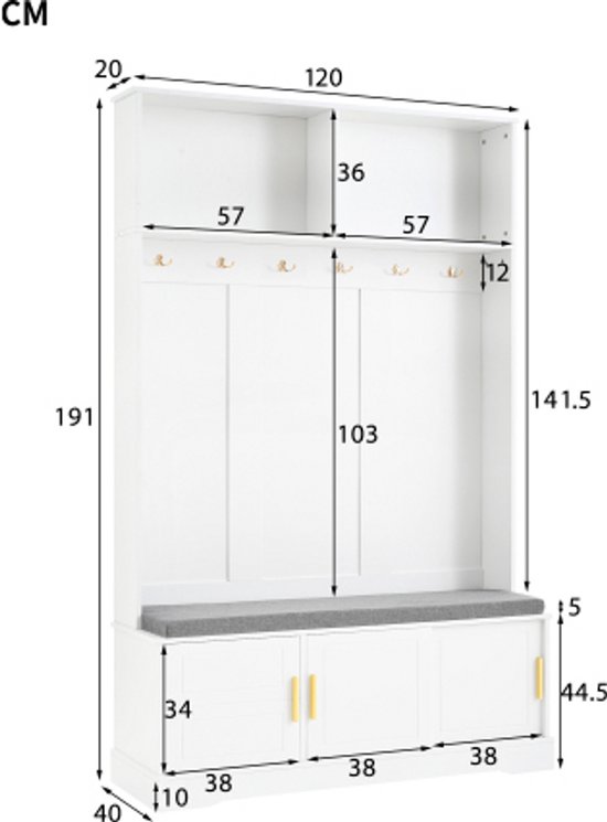 Witte kapstok met schoenenbank, 6 gouden haken, afmetingen 120x40x191cm.