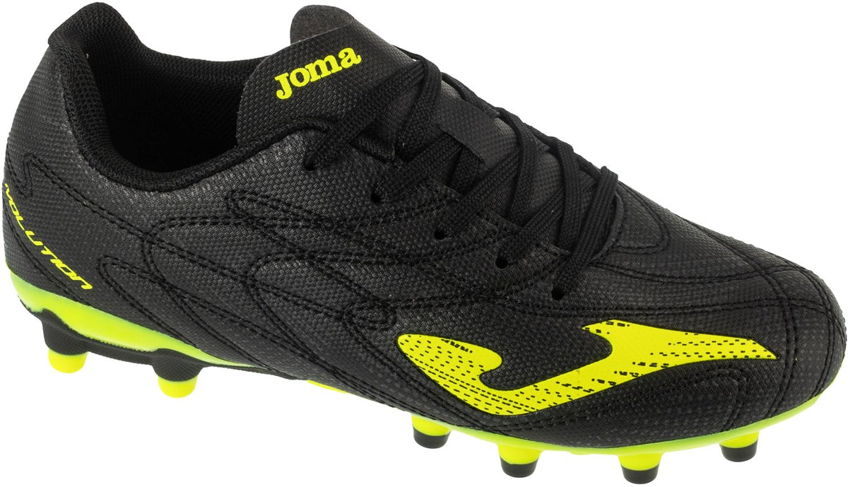 Zwarte Joma Evolution Jr 25 EVJW FG voetbalschoenen voor jongens, maat 33, met synthetisch leren bovenwerk en gele accenten.