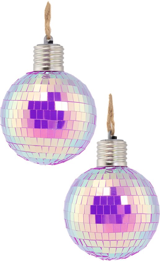 Foto: Kimu 2x discobal 8 cm led iridescent paars discobol klein spiegelbol glitterbol glitter spiegeltjes disco bal bol decoratie kerstballen kerstbal festival