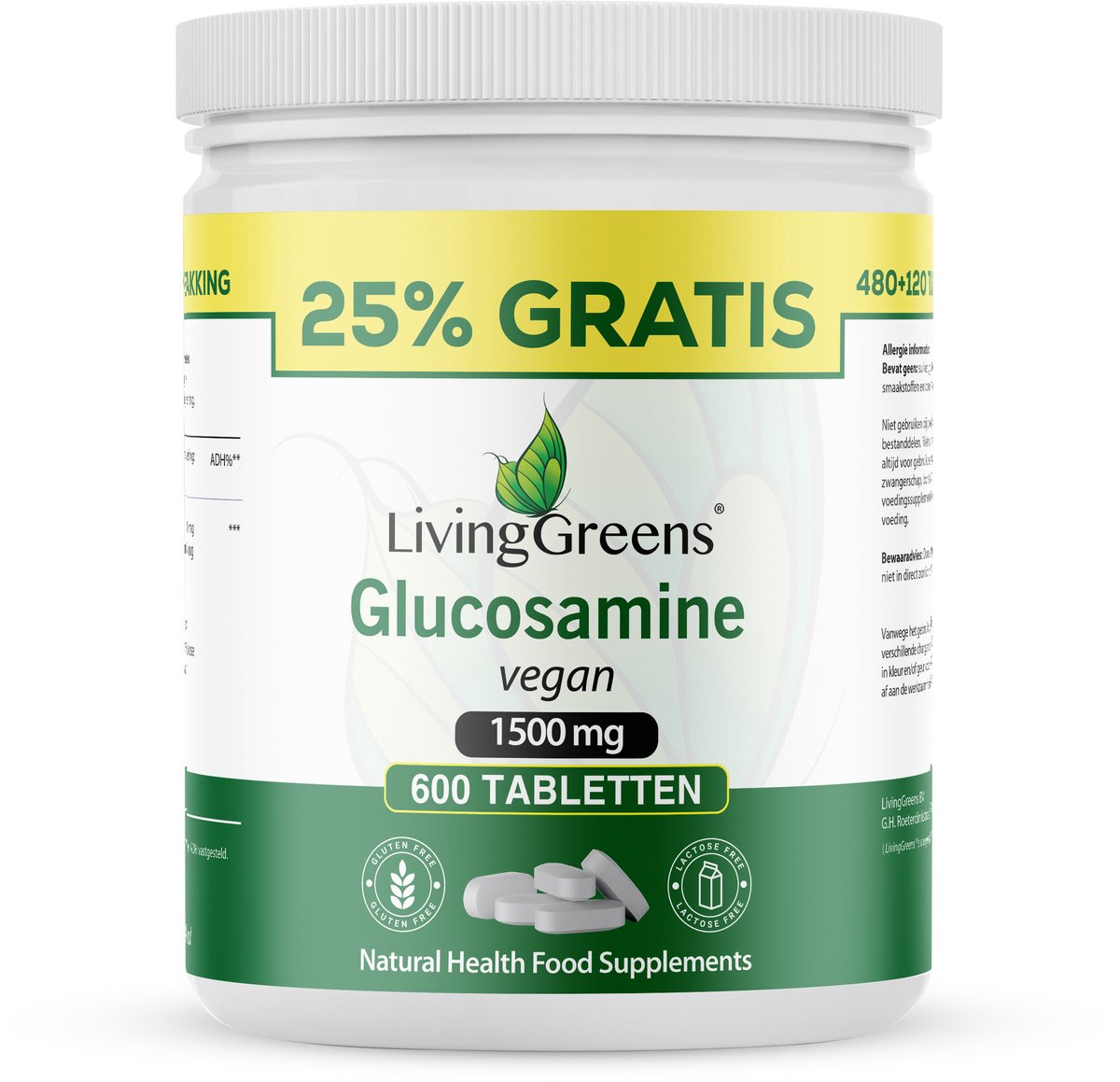 Goedkoopste LivingGreens Glucosamine 1500-480 120 GRATIS tabletten- vegan-glucosamine sulfaat -glucosamine uit mais-gewrichten-formule