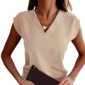 T-shirt Mode pour femme - Col V - Beige et Wit - Fashion L