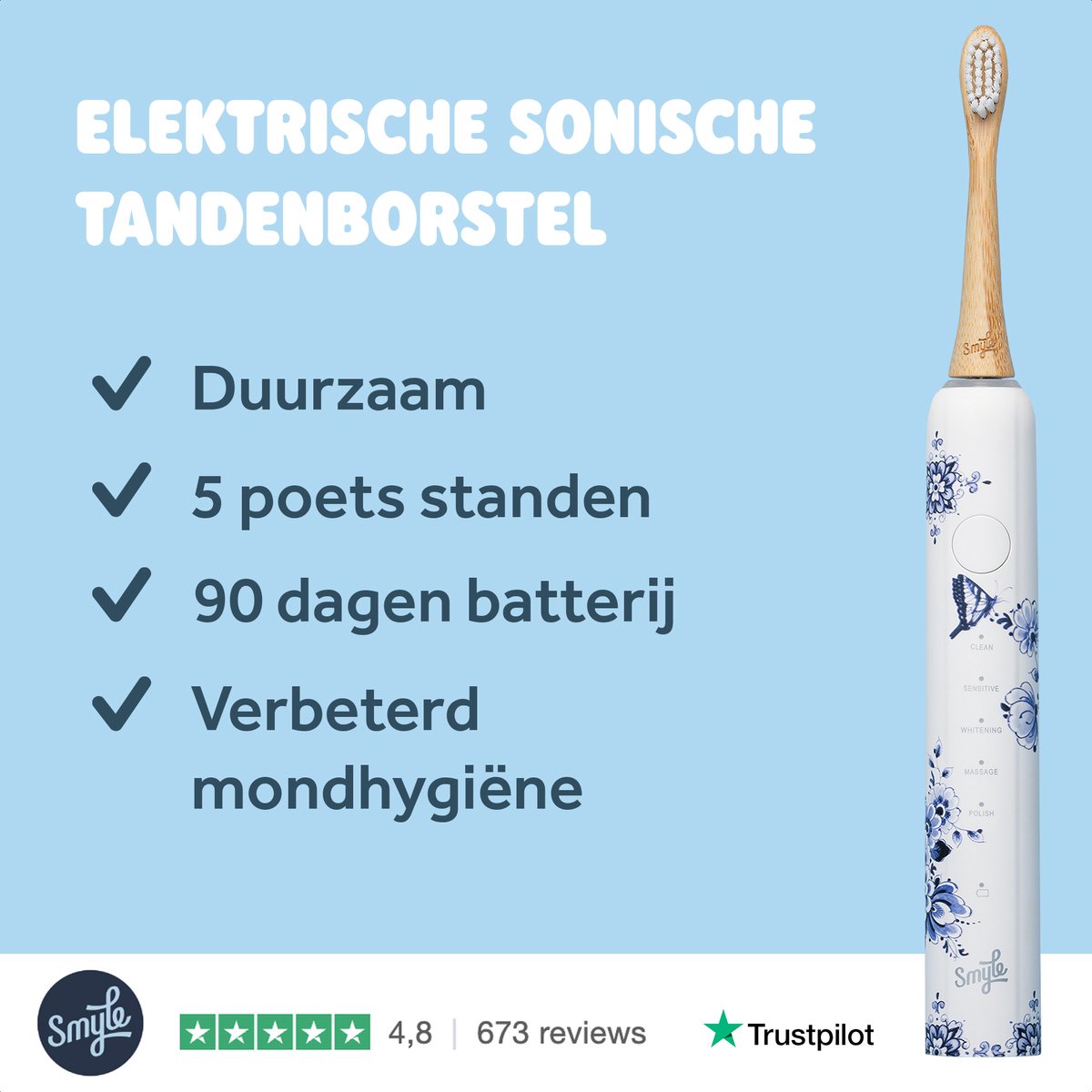Afbeelding 3 van Smyle Sonische Elektrische Tandenborstel met Lange Batterijduur en Druksensor - Duurzaam en Effectief Poetsen - Delfstblauw