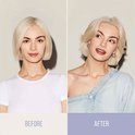Voor en na-foto van een vrouw met kort blond haar, met de focus op het haar.