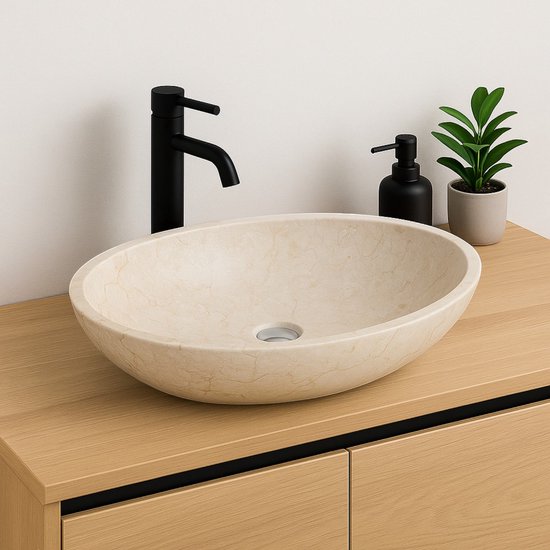 Lendo Online Lavabo ovale 60x40x12 cm Marbre - pierre naturelle crème - lavabo pour salle de bain et WC - lavabo - vasque - forme et couleur uniques !