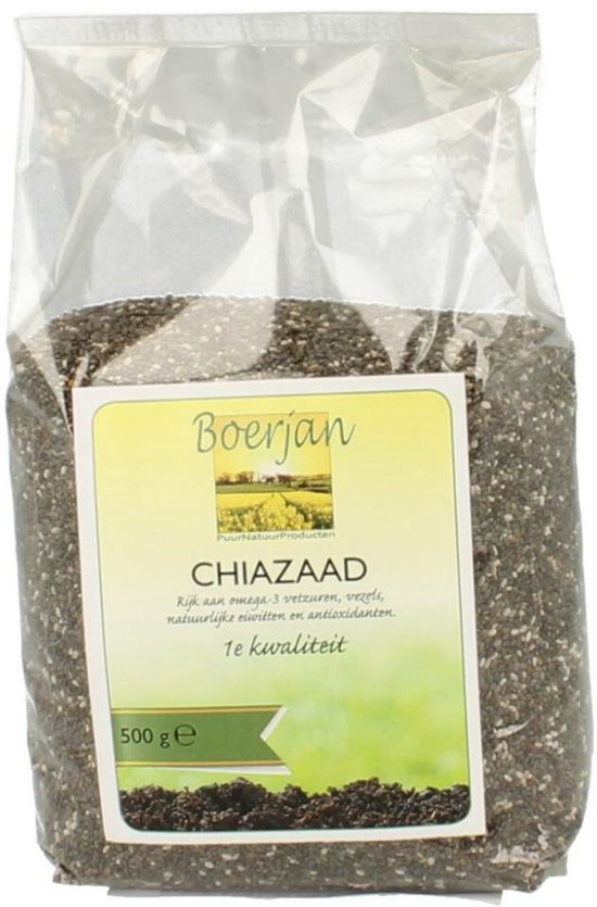 Boerjan chiazaad 500g verpakking met tekst Boerjan, CHIAZAAD, Rijk aan omega-3 vetzuren, vezels, natuurlijke eiwitten en antioxidanten, 1e kwaliteit, 500 ge.