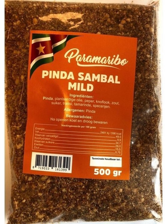Paramaribo Pinda Sambal Mild 500g verpakking met ingrediënten en voedingswaarde.
