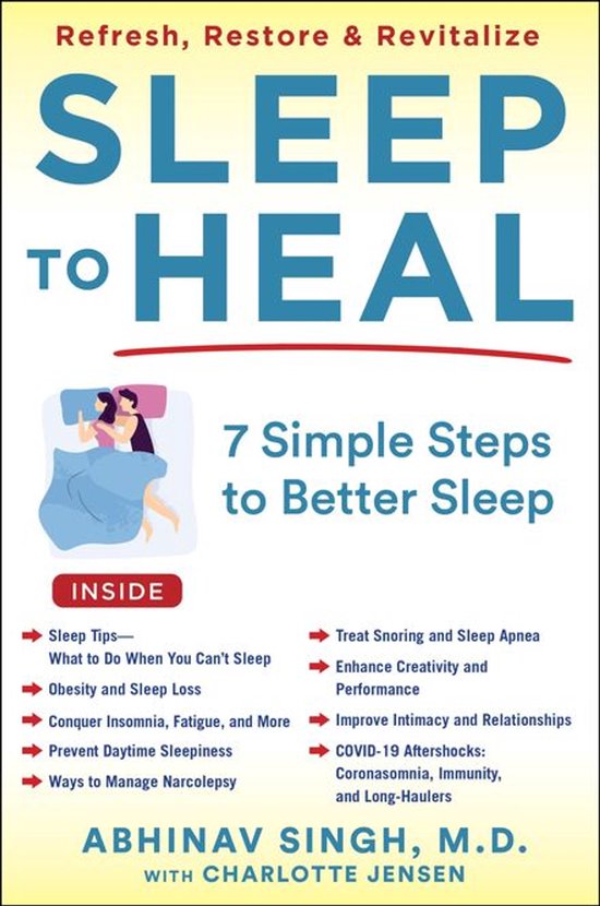 Couverture de livre intitulée 'SLEEP TO HEAL', 7 Simple Steps to Better Sleep, avec illustration d'un couple dormant et liste des sujets.