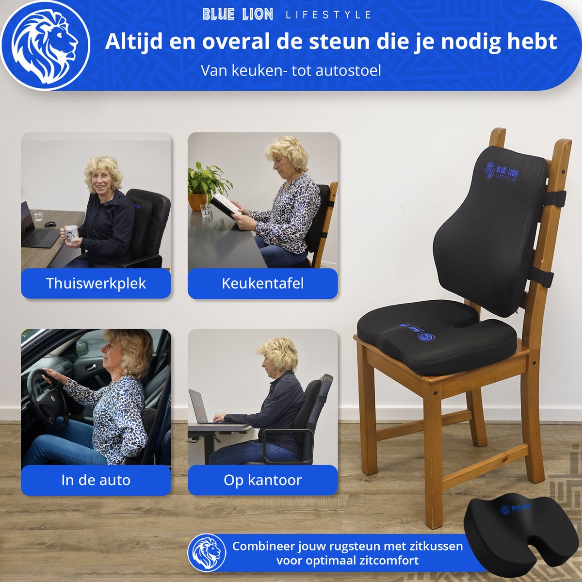 Blue Lion Ergonomisch Rugkussen L - Rugsteun voor Onderrug en Middenrug - Stoelkussen voor Bureaustoel, Auto & Thuiswerken – Zwart – foto 4