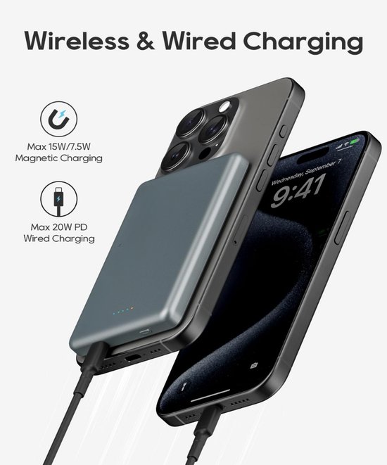 Grijze powerbank magnetisch bevestigd aan telefoon, met draad en draadloos laden.