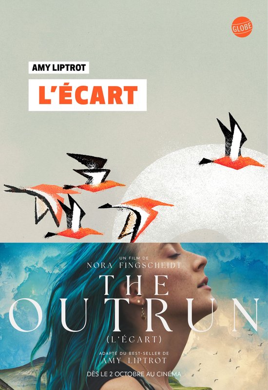 L'ÉCART - Affiche de film avec des oiseaux et un portrait de femme aux cheveux bleus. AMY LIPTROT.