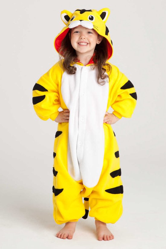 KIMU Onesie Gele Tijger Pak - Maat 140-146 - Tijgerpak Kostuum Geel Gestreept - Kinder Jumpsuit Pyjama Jungle Kat Jongen Meisje Overall Fleece Halloween