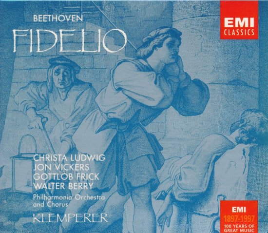 Klassieke muziek CD hoes met gravure van drie figuren. 'Beethoven Fidelio' in witte letters.