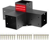 Een zwarte, vierkante 4-voudige middenverbinder met een label 'Verzinkt & gepoedercoat' en een rij schroeven.