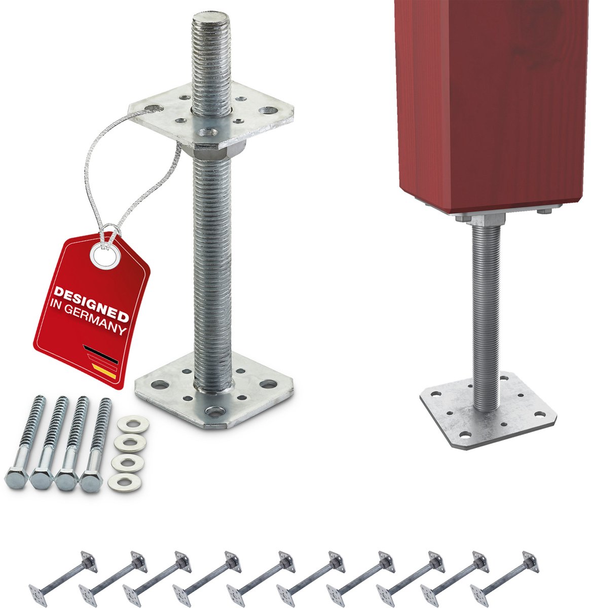 SOTECH set van 10 paaldragers 80 x 80 x 250 mm schroefdraad M24 staal thermisch verzinkt verbindingsstuk in hoogte verstelbare voetplaat om vast te schroeven weerbestendig