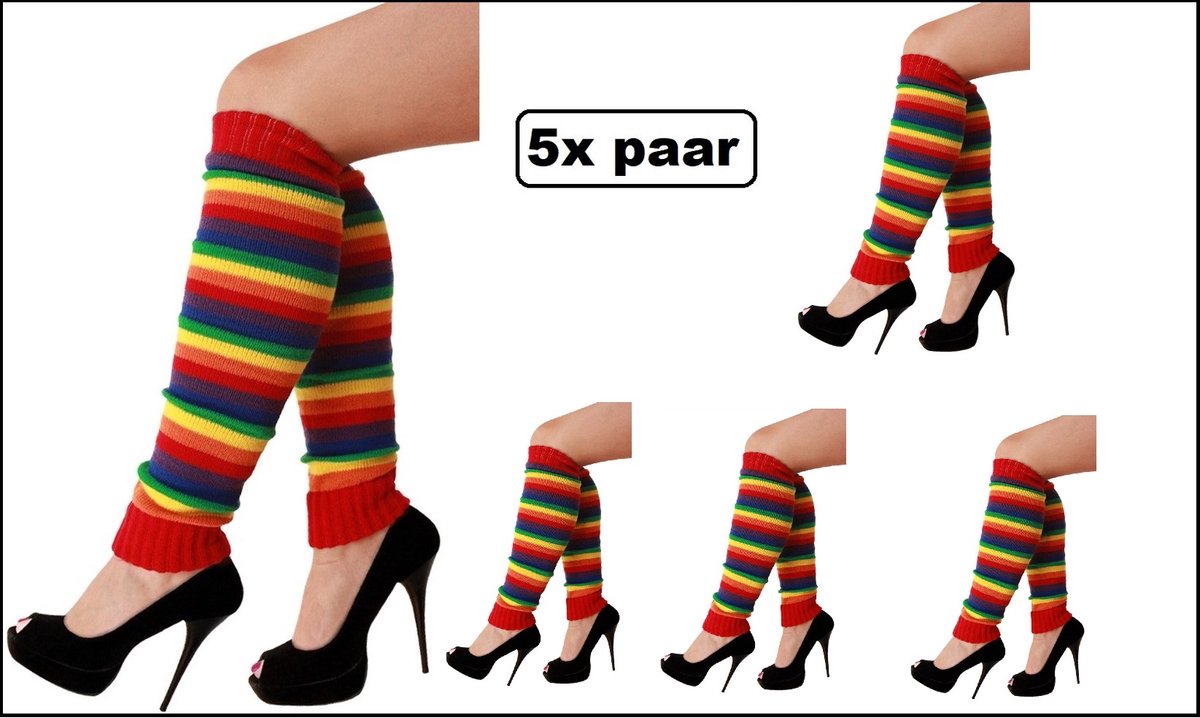 5x Paar Beenwarmers regenboog streep - Merk PXP - Regenboog - Been warmer carnaval gay pride cheerleader voetbal hockey unisex festival bier feest apres ski fitness