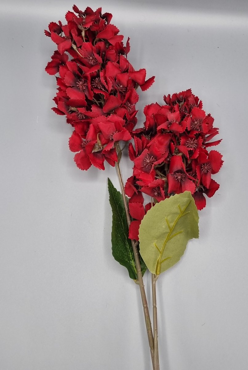 Hortensia - K498m/04 - 86 cm - Rood - 2 bloemen - 1 tak - Grafdecoratie - Zijdenbloemen - Kunstbloemen