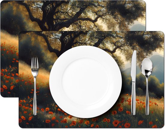 Placemats - 6 stuks - 45x30 cm - Placemat kunststof - Bankje - Boom - Klaprozen - Heuvels - Borden onderleggers - Decoratie voor op tafel - Keuken tafeldecoratie accessoires - Vinyl onderlegger - Tafelversiering