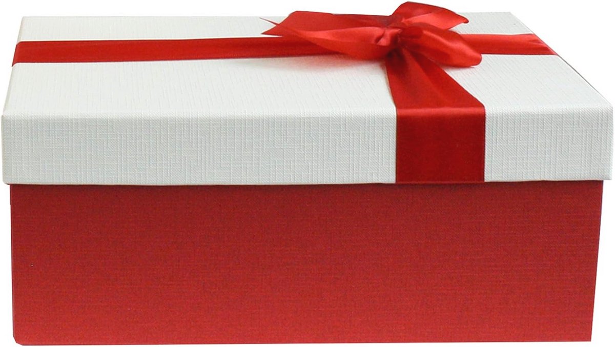Geschenkdoos 28 x 18 x 13 cm - Rode Doos met Crèmekleurige Deksel en Satijnen Striklint
