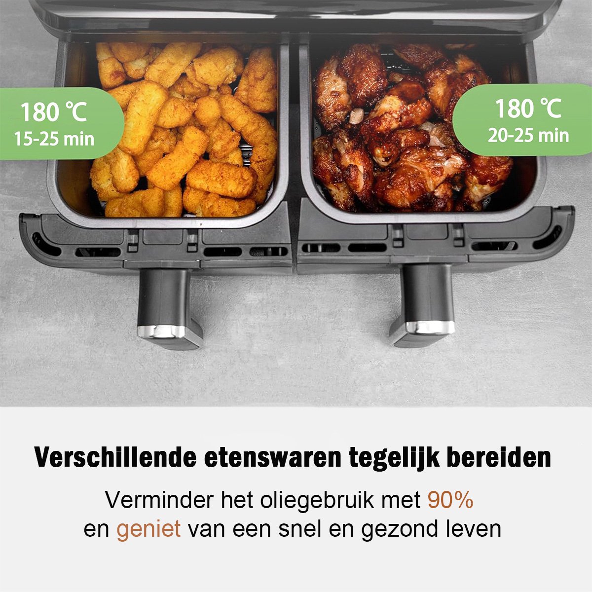 Afbeelding 3 van Digitale Airfryer XXL 10L Sinaopus 901 – Heteluchtfriteuse met Dubbele Mand en DualMand Onafhankelijke Snelle Opwarming – Voor Gezinnen – 10 Programma’s – Kijkvenster – Makkelijk te Reinigen – Capaciteit voor 5 Personen