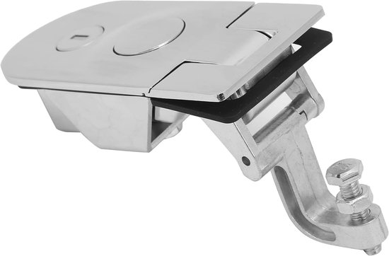 Zilveren, metalen druksluiting met sleutelgat, rubberen afdichting en verstelbare arm.