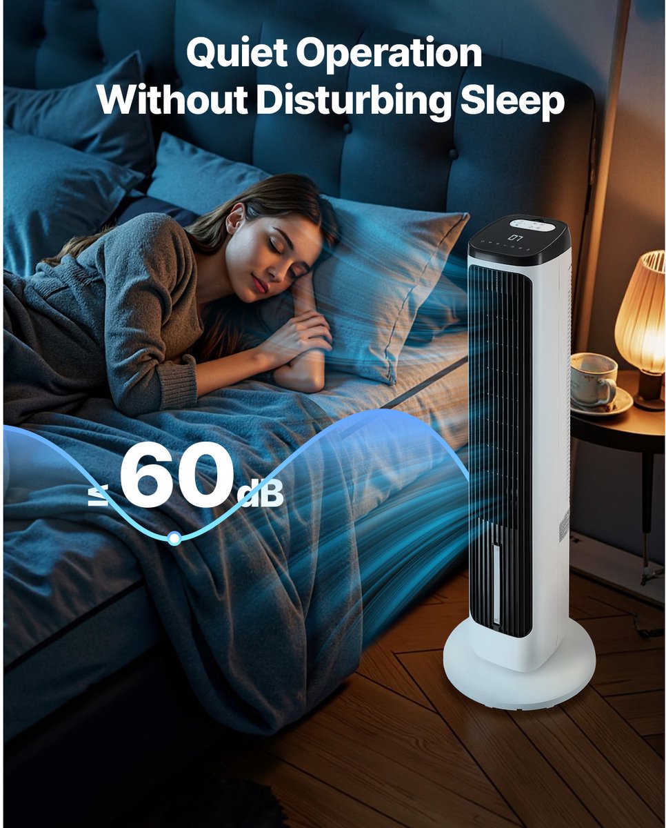 Torenventilator met Verstelbare Snelheid – Stille Werking – 70° Oscillatie – Timerfunctie en Afstandsbediening – Voor Binnengebruik in Slaapkamers, Kantoren en Woningen – foto 4