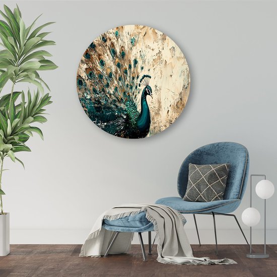 Kleurrijke pauw in abstract ontwerp - Pauw wanddecoratie rond - Rond wandpaneel pauwenveren - Abstracte kunst - Forex - Scandinavische muurdecoratie - Muurcirkel forex 40x40 cm