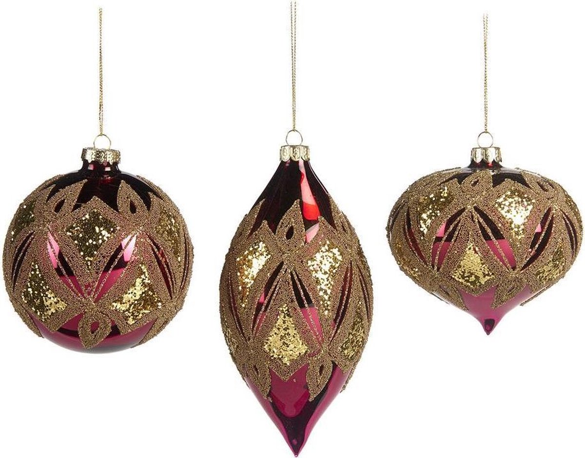 Goodwill Kerstbal-Kersthanger Glas Rood-Burgundy rood-Goud D 10 cm Voordeelaanbod assortiment van 3 stuks