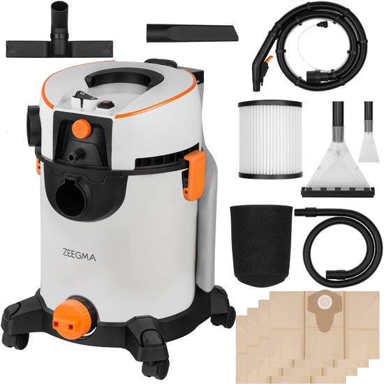 Zeegma Wash 1400W – Krachtige stofzuiger met wasfunctie – Tapijtreiniger en bekledingreiniger – Waterstofzuiger met HEPA-filter – Inclusief 3 extra stofzuigerzakken 20L – Voor auto, meubels en vloeren – Blaasfunctie – 4L tank – 13m bereik – Waszuiger