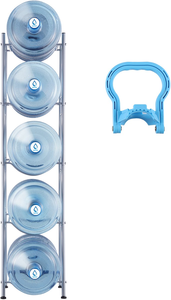 5-Vaks Waterkanhouder, 5-Gallon Flessenrek voor 5 Flessen, Stevige Opslag voor Keuken, Kantoor, Woonkamer, Zilveren Afwerking