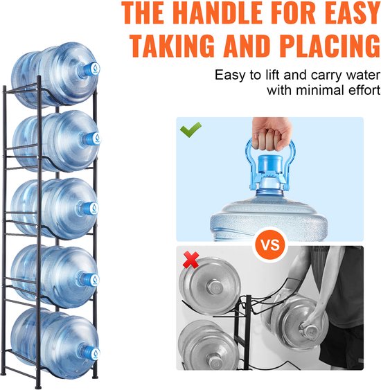 5-Vaks Waterkanhouder, 5-Gallon Waterflessenrek, Stevige Opslag voor 5 Flessen, Zwart Metaal, Keuken, Kantoor, Woonkamer — afbeelding 3