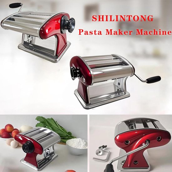 Pastamachine - Handmatig - Pasta Maker - Noedels Maker - Multifunctionele Pastamaker - Zelf Pasta Maken - met 2 messen (2mm/4mm) - Compacte Pasta Maker - Met 6 Instelbare Dikte Instellingen - Dumpling Roller - Met Extra's - RVS - rood van Merkloos — afbeelding 5