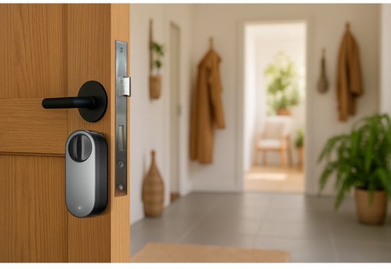 Zwart Aqara slim deurslot met cirkelvormig handvat, op een houten deur geplaatst naast deurbeslag. Woonkamer op achtergrond.