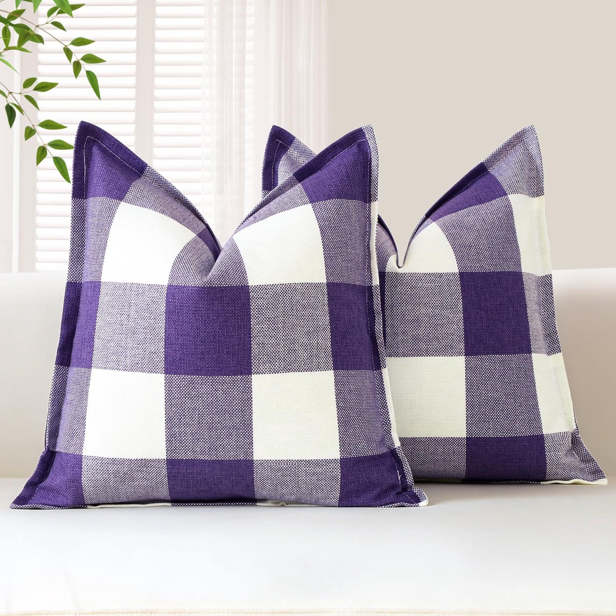Ibenzoa Set van 2 Luxe Geruite Kussenslopen voor Sfeervolle Woondecoratie, 60 x 60 cm paars