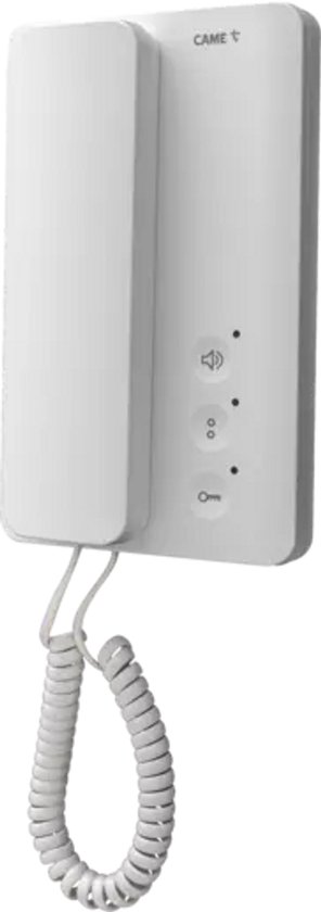 Witte CAME audio-intercom met losse microfoon, luidspreker en sleutel-icoon. Zwart spiraalsnoer.
