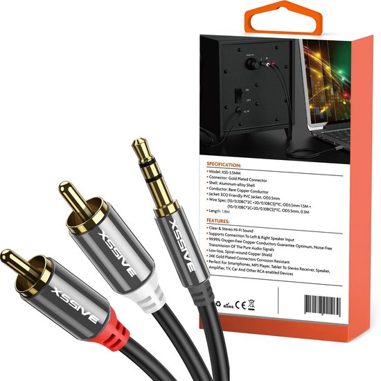 Xssive RCA Kabel naar Aux - 1.8M - RCA RCA Jack - Aux 3.5mm naar Tulp kabel