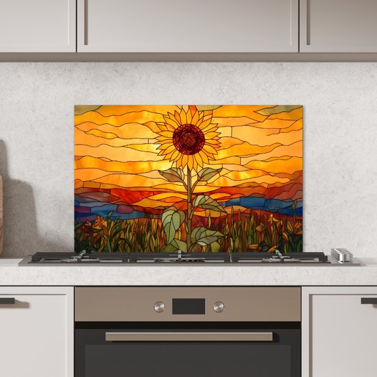 Spatscherm keuken 60x40 cm - Kookplaat achterwand Zonnebloem - Mozaïek - Zonsondergang - Geel - Muurbeschermer - Spatwand fornuis - Hoogwaardig aluminium
