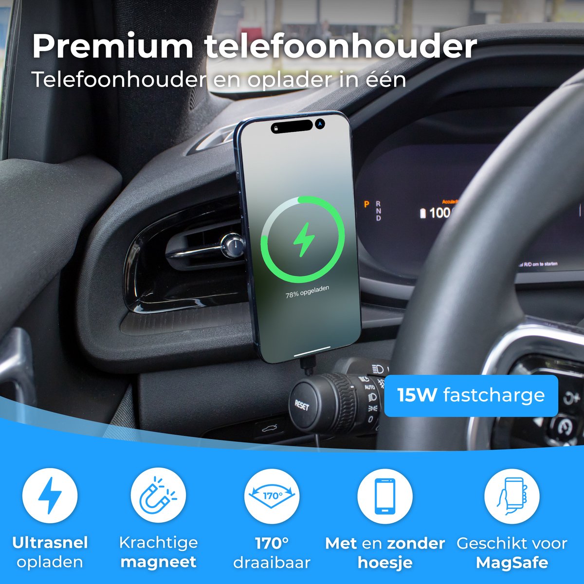 Nuvance Telefoonhouders Auto - Geschikt voor MagSafe - Telefoonhouder inclusief USB-C kabel - Draadloze Oplader - Gsm Houder Auto – foto 2
